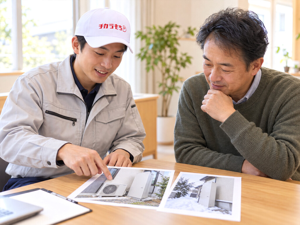 チカラもち甲府店のスタッフとお客様がエコキュートの設置写真を見ながら相談するイメージ