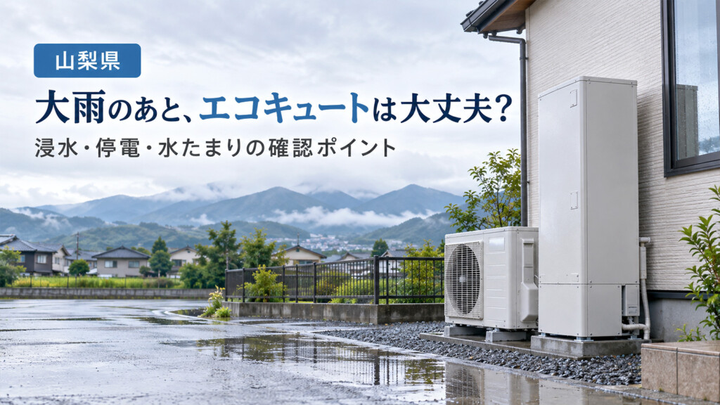 山梨県で大雨後のエコキュートの浸水・停電・水たまりの確認ポイントを解説するアイキャッチ画像