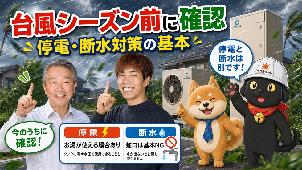 台風シーズン前にエコキュートの停電と断水の違いを確認する画像