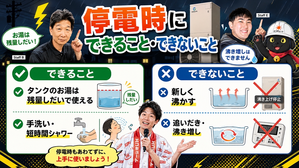 停電時にエコキュートでできることとできないことを解説する画像