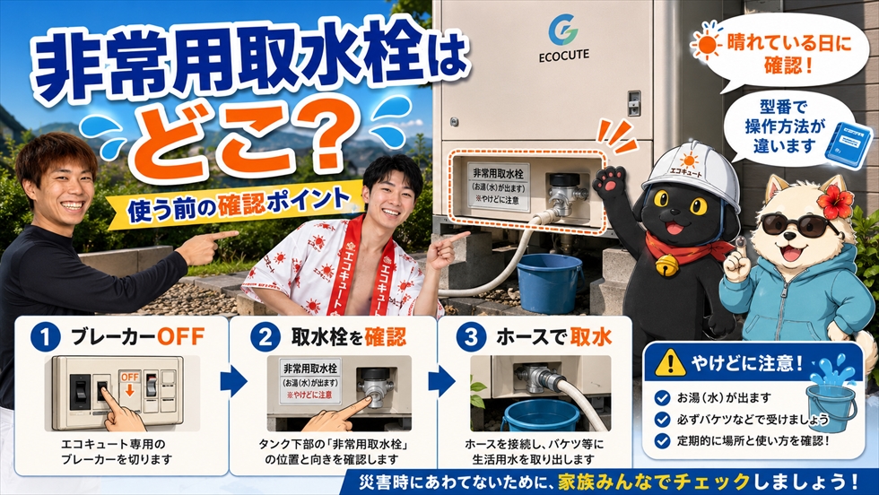 エコキュートの非常用取水栓の場所と使い方を解説する画像