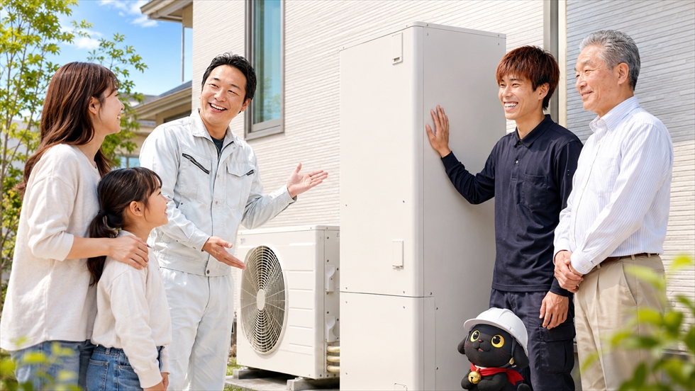 宮崎の住宅でエコキュート交換工事について説明する専門スタッフと家族