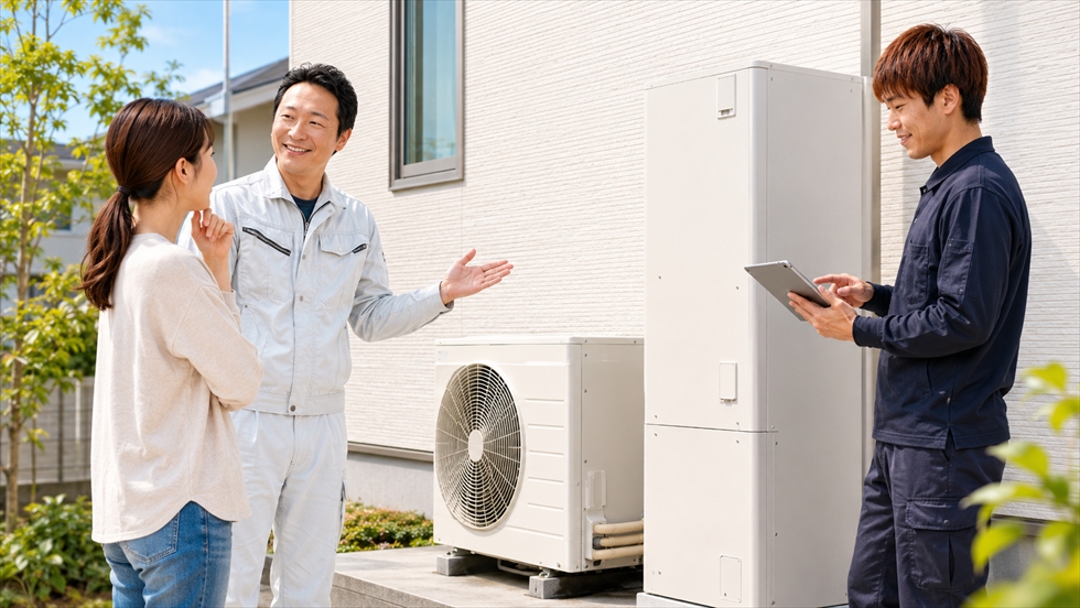 エコキュート交換工事の所要時間を確認する専門スタッフ