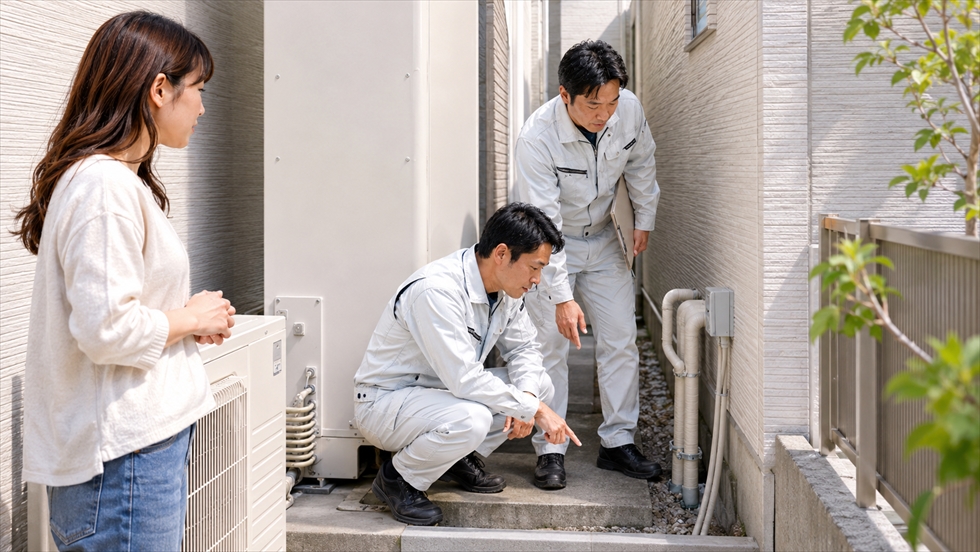 エコキュート交換前に搬入経路や配管を確認する専門スタッフ