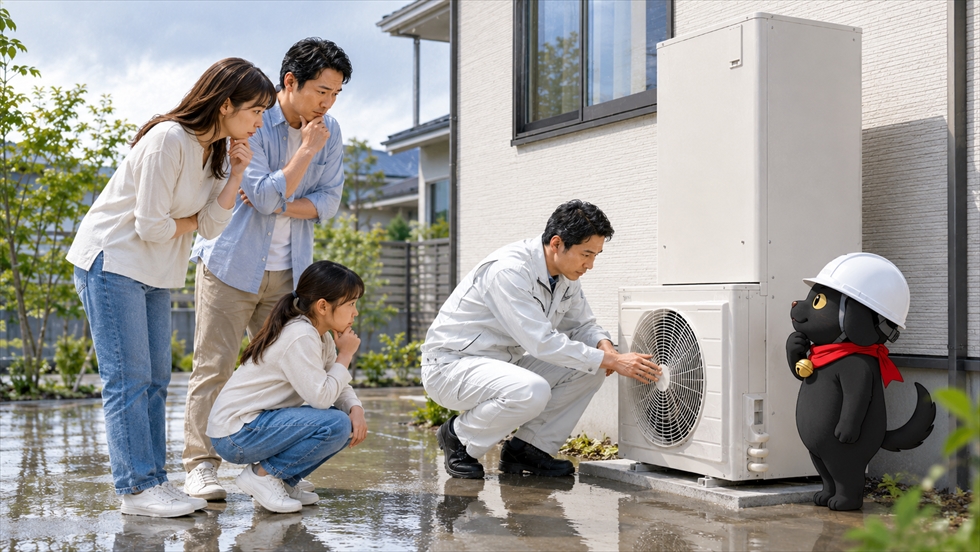台風後や急な故障でエコキュートを点検する専門スタッフ