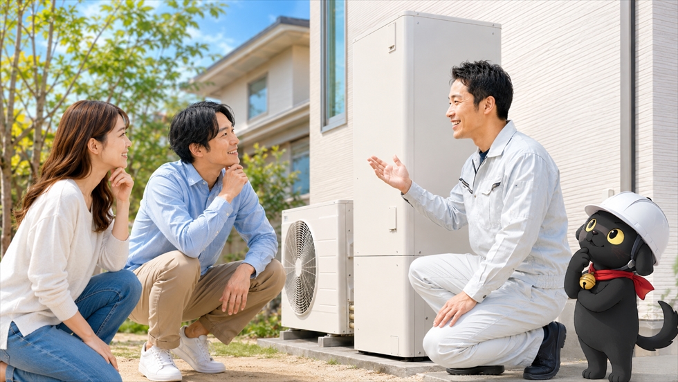 エコキュート交換前の疑問を専門スタッフに相談する家族