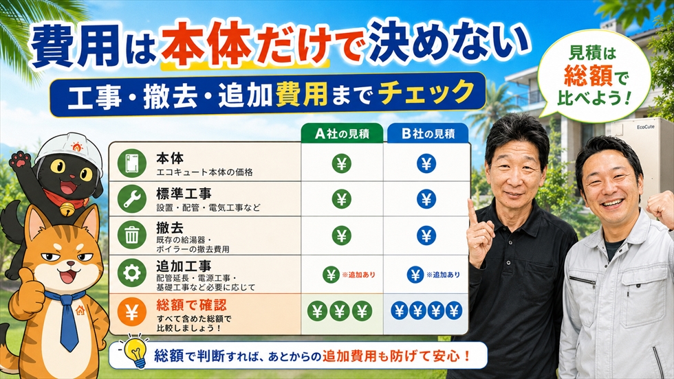エコキュート交換費用は本体だけでなく工事費や撤去費も確認