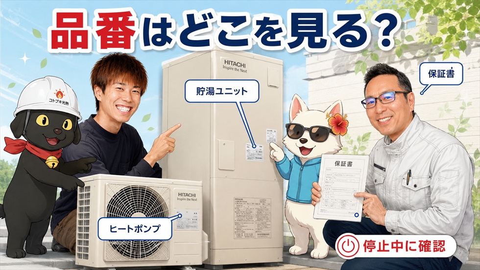 ヒートポンプ、貯湯ユニット、保証書の品番確認場所