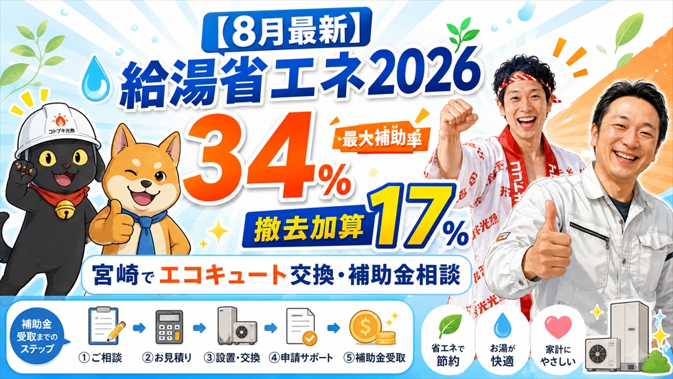 給湯省エネ2026は34％、撤去加算は17％・2026年8月最新情報