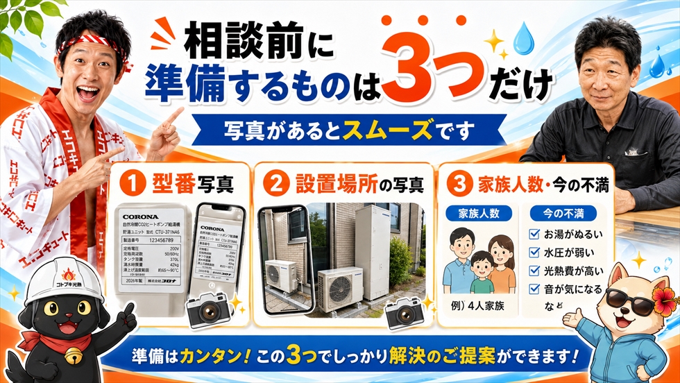 エコキュート相談前に準備したい型番写真 設置場所写真 家族人数と現在の不満