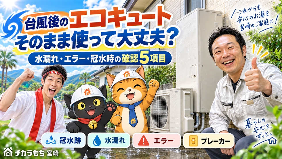 台風後のエコキュートについて、水漏れ・エラー・冠水時の確認5項目を案内するサムネイル画像