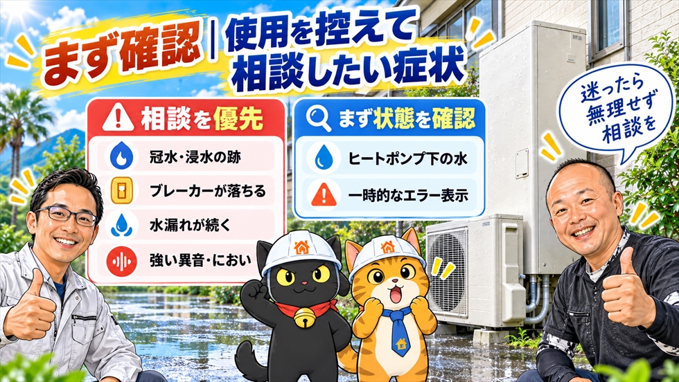 台風後にエコキュートで使用を控えて相談したい症状を整理した案内画像