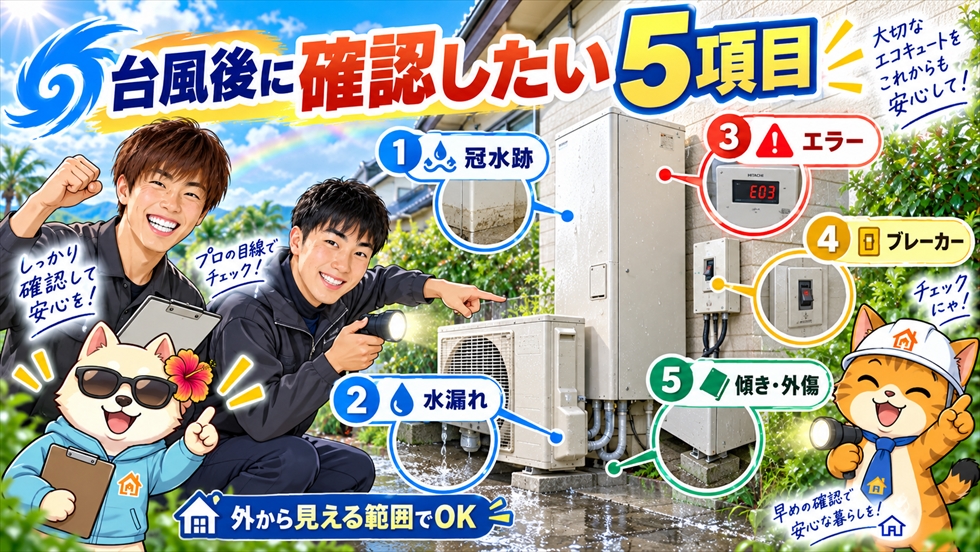 台風後にエコキュートで確認したい5項目を図解した画像