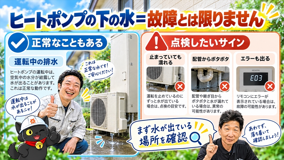 ヒートポンプ下の水が正常な排水か点検が必要な水漏れかを見分けるための案内画像