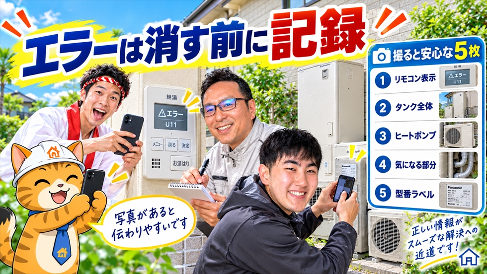エコキュートのエラー表示や本体写真など、相談前に撮っておきたい5枚を案内する画像