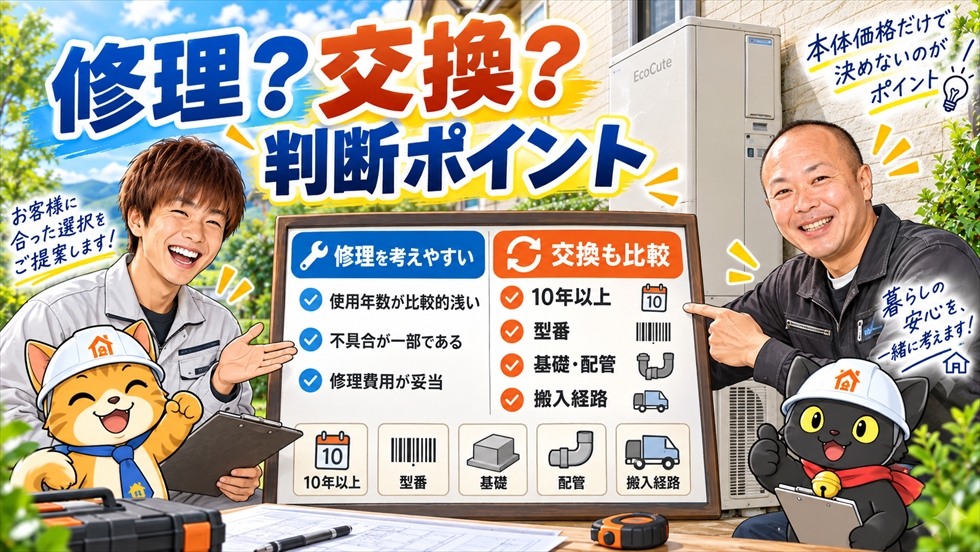 エコキュートを修理するか交換するか判断する際のポイントを整理した画像