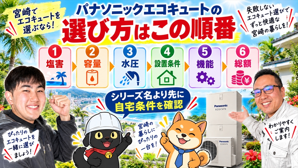 宮崎でパナソニックのエコキュートを選ぶ順番を6項目で解説するアイキャッチ画像