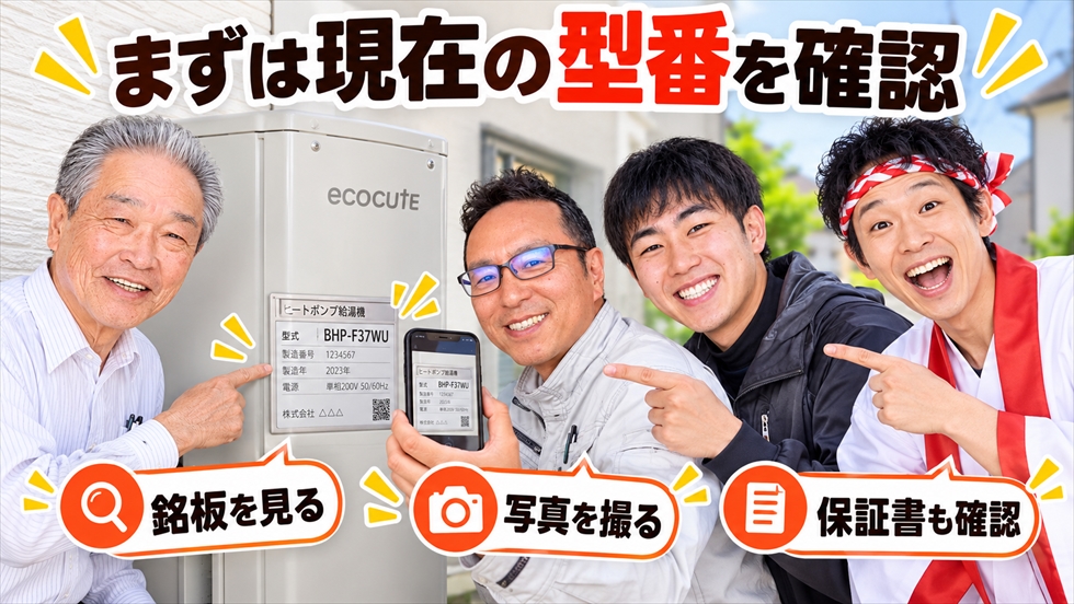 エコキュートの銘板で型番を確認し、スマートフォンで写真を撮る方法をスタッフが案内するイメージ