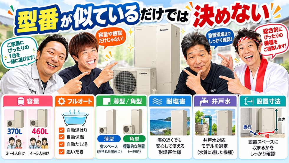 エコキュートの後継機種を容量・フルオート・薄型角型・耐塩害・井戸水・設置寸法で比較するイメージ