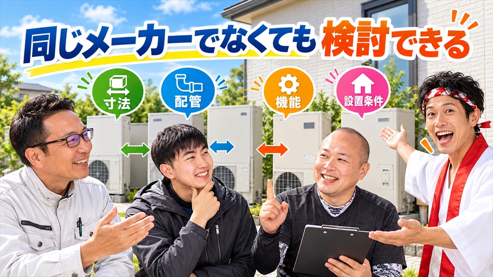 エコキュート交換で同じメーカーに限定せず、寸法・配管・機能・設置条件を比較するスタッフのイメージ
