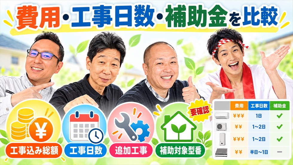 エコキュート交換の工事込み費用・工事日数・追加工事・補助金対象型番を比較するイメージ