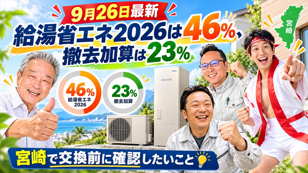 2026年9月26日時点の給湯省エネ2026申請額割合46％と撤去加算23％を宮崎向けに案内するイメージ
