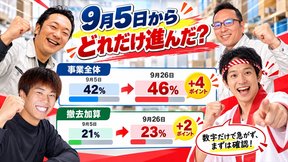 給湯省エネ2026の申請額割合が9月5日の42％から9月26日に46％、撤去加算が21％から23％へ進んだ比較イメージ