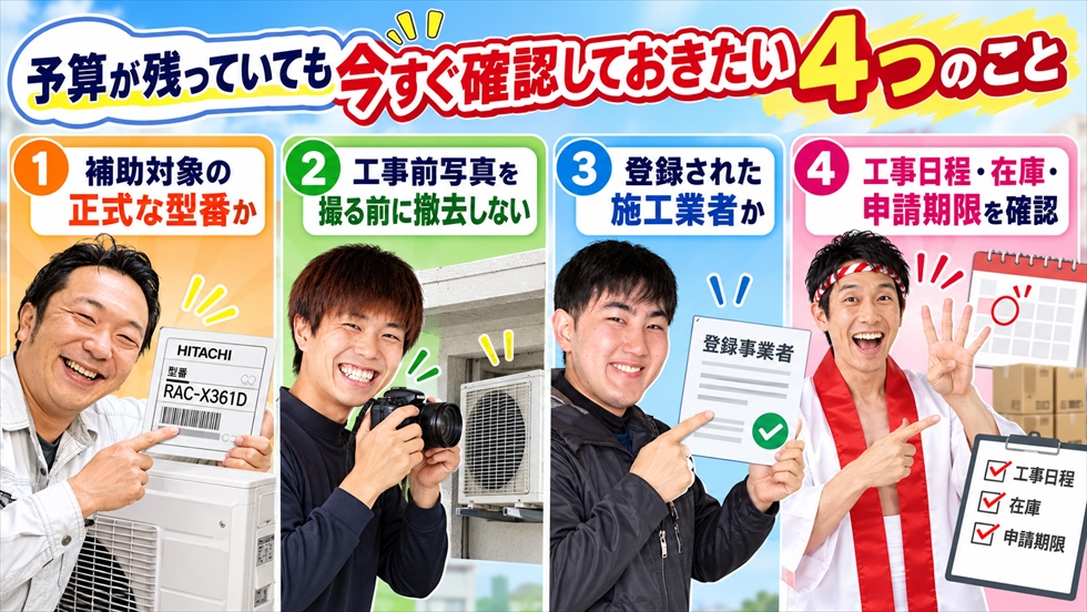給湯省エネ2026利用前に補助対象型番・工事前写真・登録事業者・工事日程や申請期限を確認するイメージ