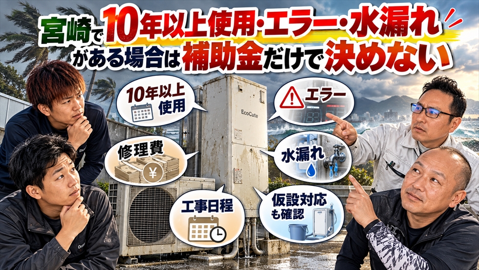 宮崎で10年以上使用したエコキュートのエラー・水漏れ・修理費・工事日程・仮設対応を確認するイメージ