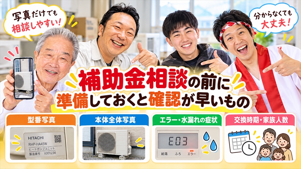 エコキュート補助金相談前に型番写真・本体全体写真・エラーや水漏れ症状・交換時期や家族人数を準備するイメージ