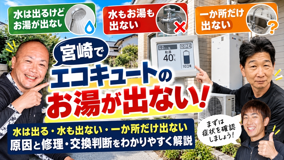 エコキュートのお湯が出ないときに水は出る・水も出ない・一か所だけ出ないの3症状を確認する図