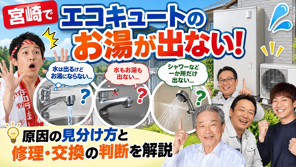 宮崎でエコキュートのお湯が出ない症状を水は出る・水も出ない・一か所だけ出ないに分けて解説するイメージ