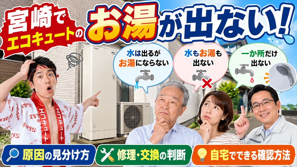 エコキュートで水は出るがお湯にならない場合に残湯量・温度設定・エラー・他の蛇口を確認するイメージ