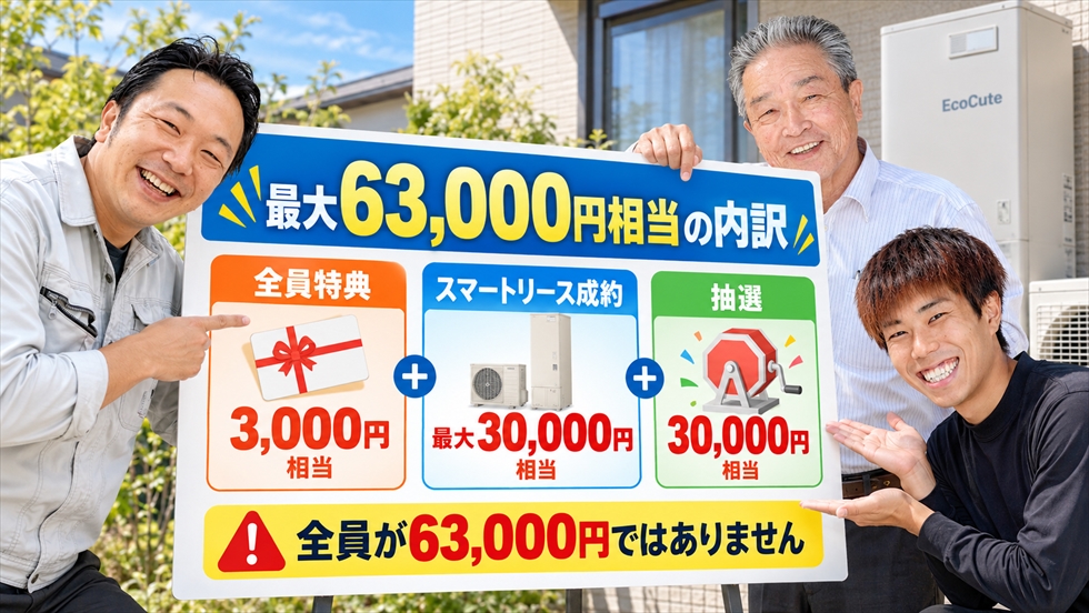 最大63,000円相当のキャンペーン特典の内訳と全員対象ではないことを説明する図