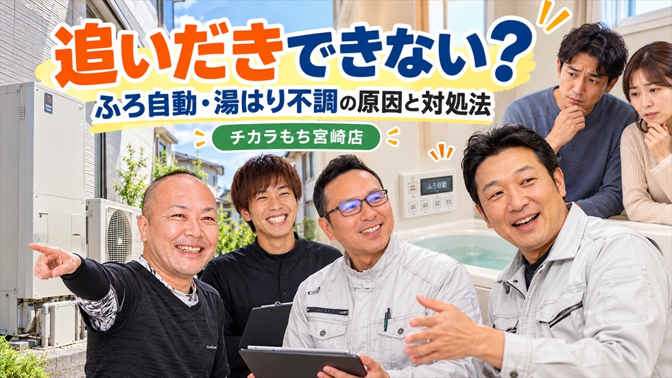 エコキュートの追いだきができない原因と対処法を案内するチカラもち宮崎店のスタッフと、ふろ自動・湯はりの不調に悩む家族