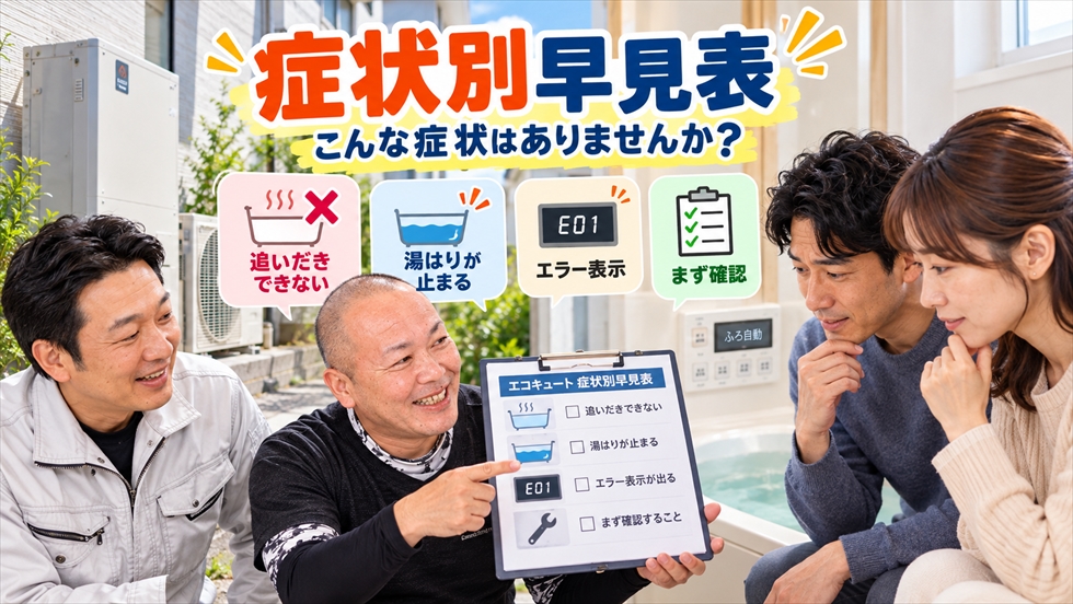 追いだきができない、湯はりが止まる、エラーが表示されるなど、エコキュートの不調をスタッフが症状別に説明するイメージ