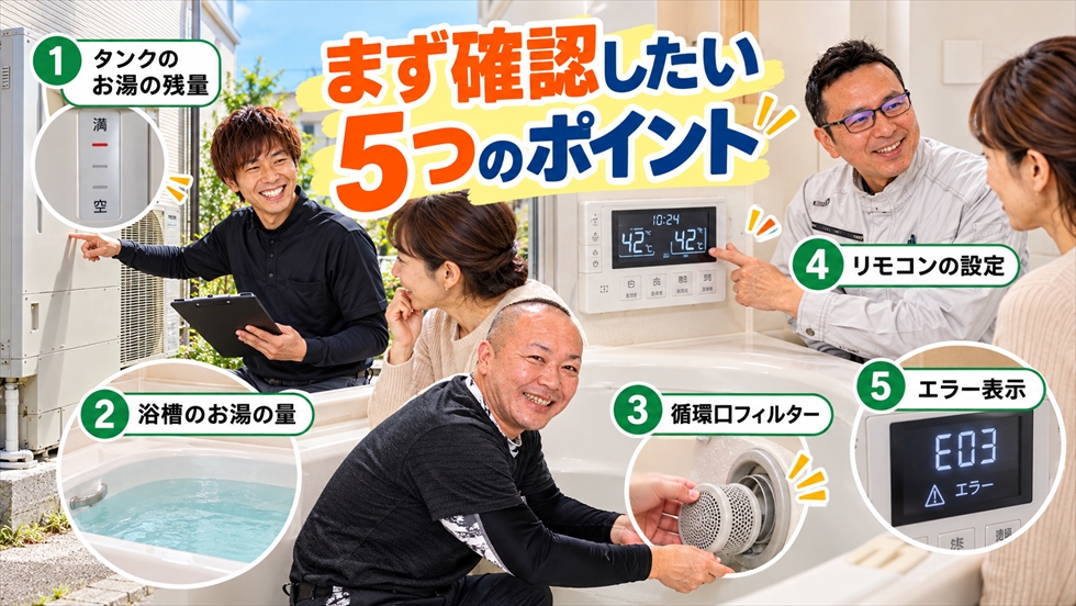 エコキュートの残湯量、浴槽の水位、循環口フィルター、リモコン設定、エラー表示の5項目をスタッフが確認するイメージ