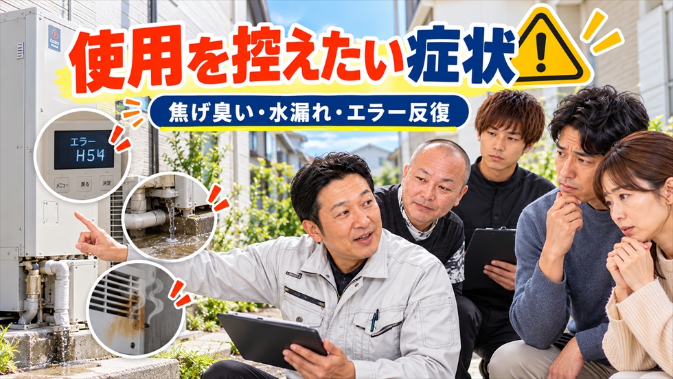 エコキュートの焦げ臭さ、水漏れ、エラーの繰り返しなど、使用を控えて点検を相談したい症状をスタッフが説明するイメージ