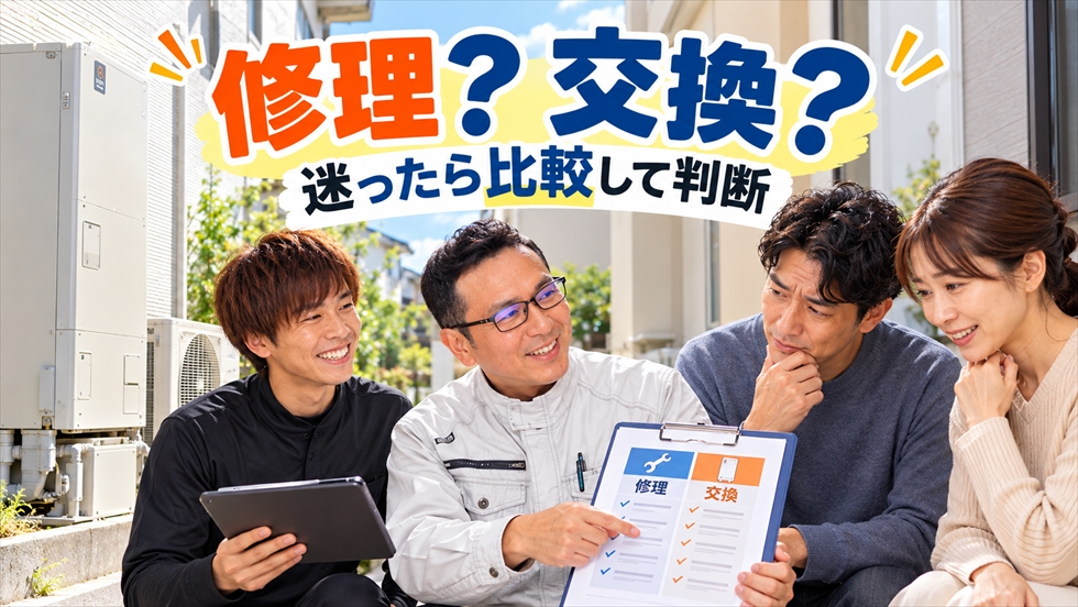 エコキュートの追いだき故障について、修理と交換の判断基準や費用をチカラもち宮崎店のスタッフが家族に説明するイメージ