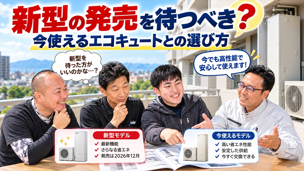 2026年12月発売の新型エコキュートを待つか現行機種に交換するかを比較検討するスタッフ4名