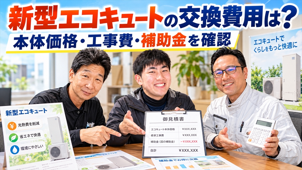 新型エコキュートの本体価格・標準工事費・追加工事費・給湯省エネ2026事業の補助金について見積書を使って説明するスタッフ3名
