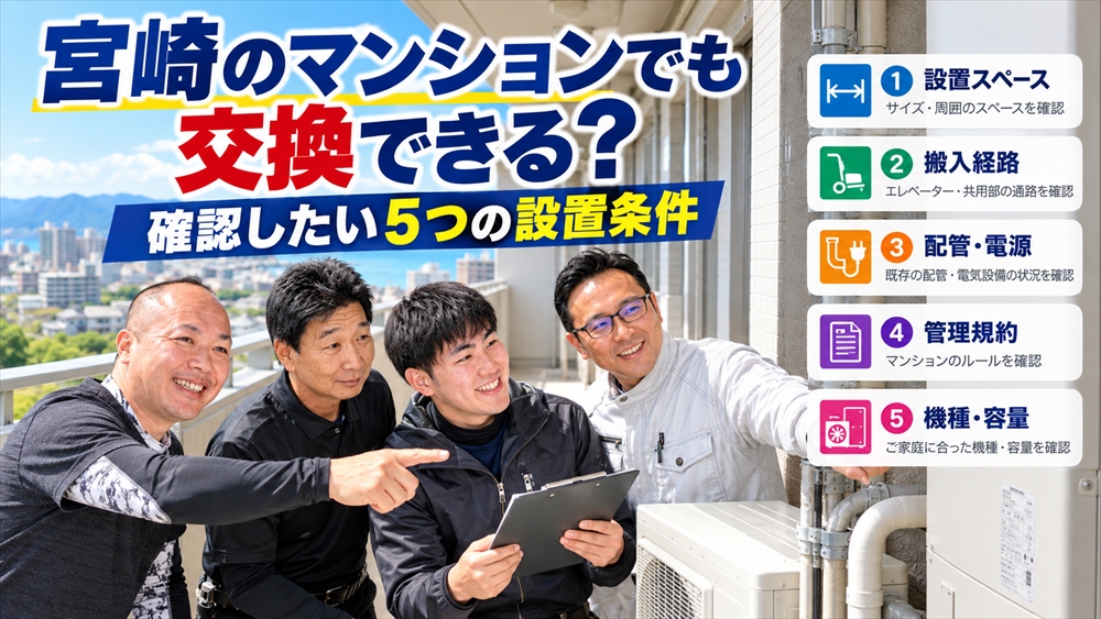 宮崎のマンションでエコキュートを交換する際の設置スペース・搬入経路・配管電源・管理規約・機種容量を確認するスタッフ4名