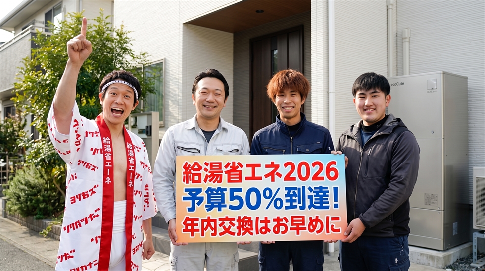 給湯省エネ2026補助金・予算50％到達のお知らせと、冬前のエコキュート交換を呼びかけるチカラもち宮崎店のスタッフとキャラクター。
