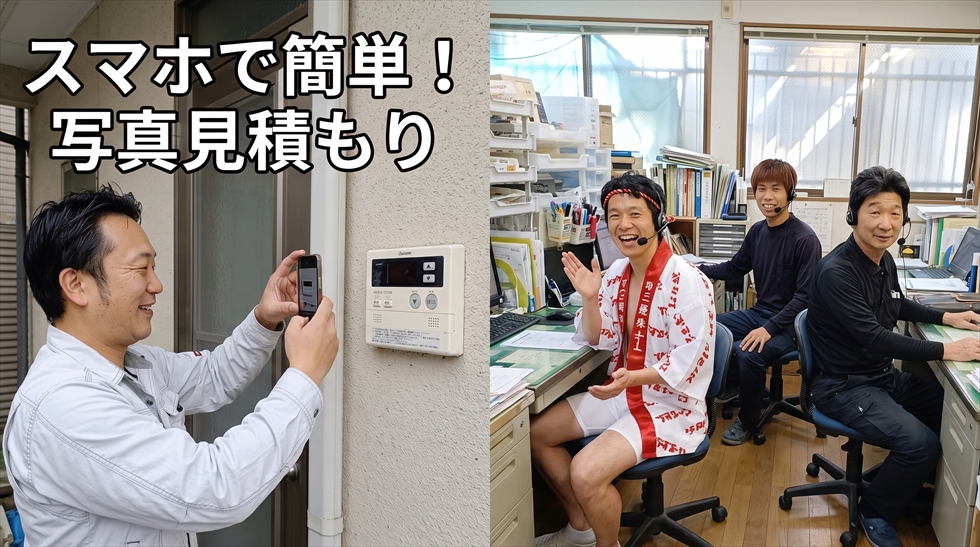 スマートフォンで給湯器の型番写真を準備する方法の案内と、24時間体制でWEB・電話からの無料見積もり相談を受け付けるスタッフ。