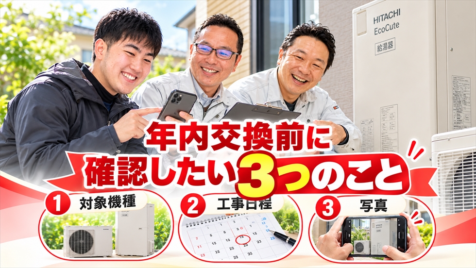 宮崎でエコキュートを年内交換する前に確認したい対象機種・工事日程・写真の3項目を紹介するスタッフ