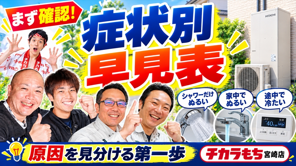 エコキュートのシャワーだけぬるい・家中のお湯がぬるい・途中で冷たくなる症状を分類した早見表のイメージ