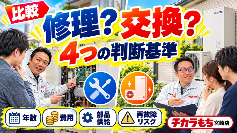 エコキュートの修理と交換を使用年数・費用・部品供給・再故障リスクの4つの基準で比較するイメージ