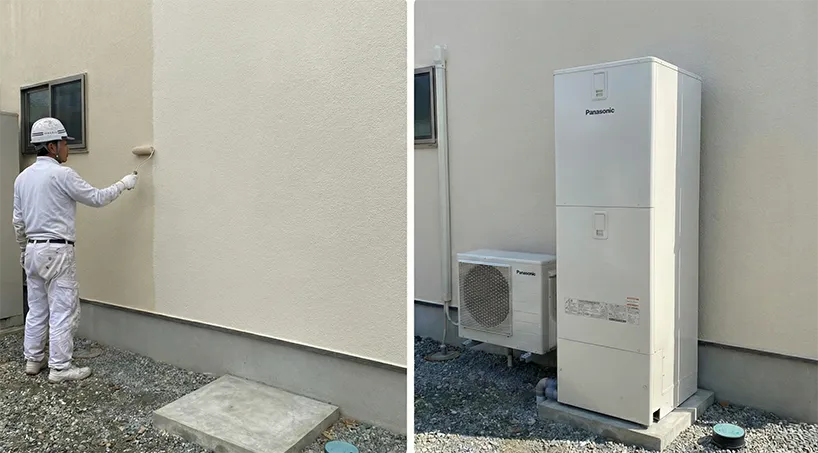 エコキュート裏の外壁を塗装している様子