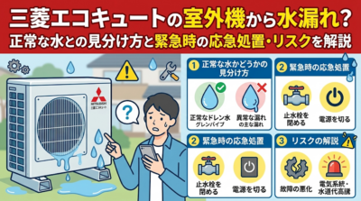 三菱エコキュートの室外機から水漏れ？ 正常な水との見分け方と緊急時の応急処置・リスクを解説