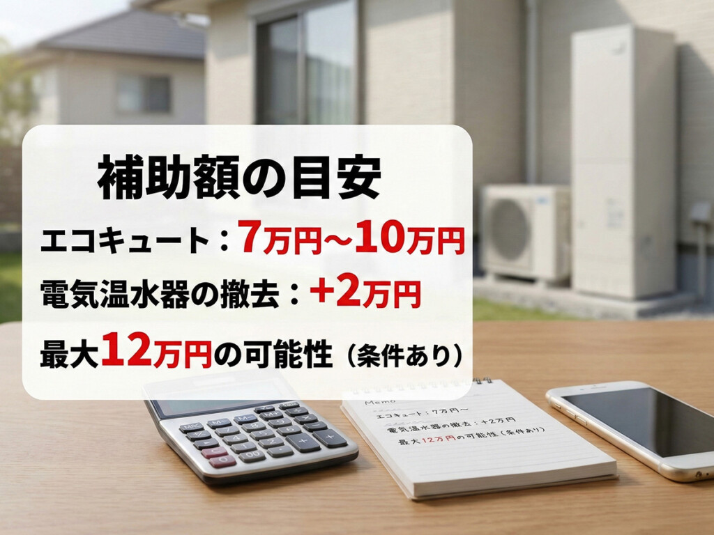 補助額の目安（エコキュートは7万〜最大12万）